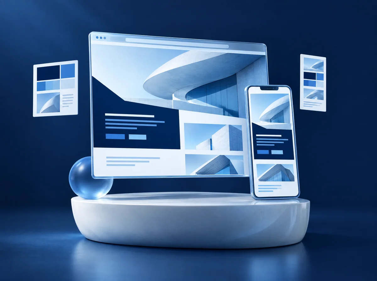 Konzeptillustration einer Unternehmenswebseite auf Desktop und Smartphone.