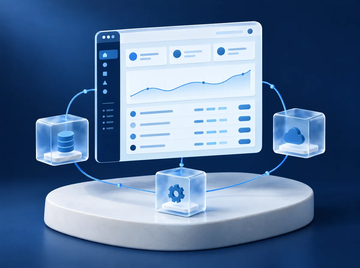 Konzeptillustration einer individuellen Anwendung mit verbundenen Datenbank-, Cloud- und Anwendungsmodulen.